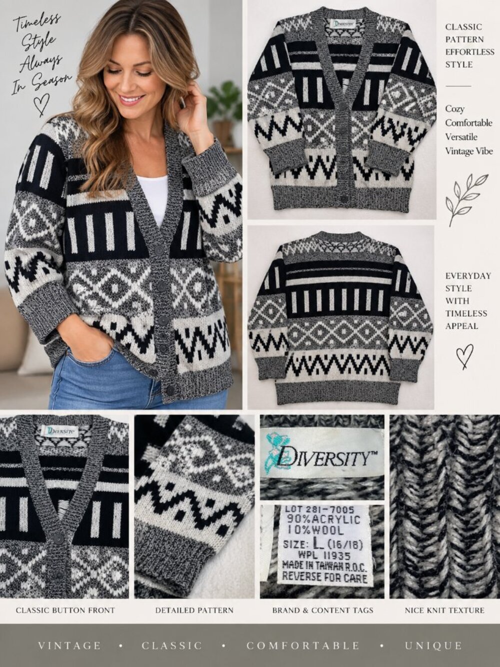 Vintage Diversity Wool Blend Cardigan L Black Gray Geometric Oversized Sweater